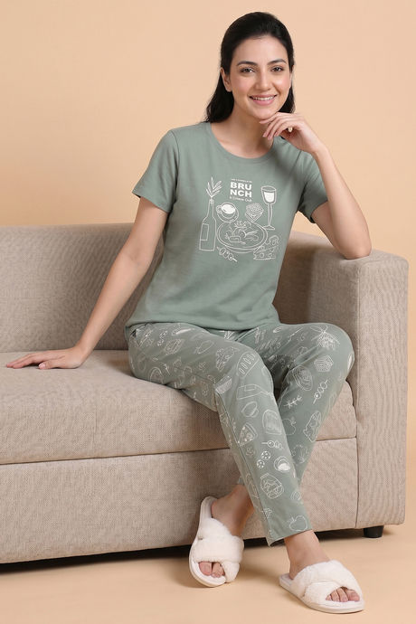 Zivame Breakfast Story Knit Cotton Pyjama Set - Iceberg Green — image 4
